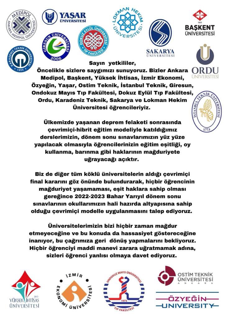 Karadeniz teknik üniversitesi olarak online eğitim gördüğümüz bu dönemde yıl sonu sınavlarımızın da online şekilde gerçekleştirilmesini; aksi halde öğrencilerin ekonomik ve psikolojik olarak yıpranacağını belirtir, gereğini arz ederiz. <a href="/profcuvalci/">Prof.Dr. Hamdullah Çuvalcı</a> <a href="/tcktu1955/">KTÜ</a> #ktüonlineistiyor