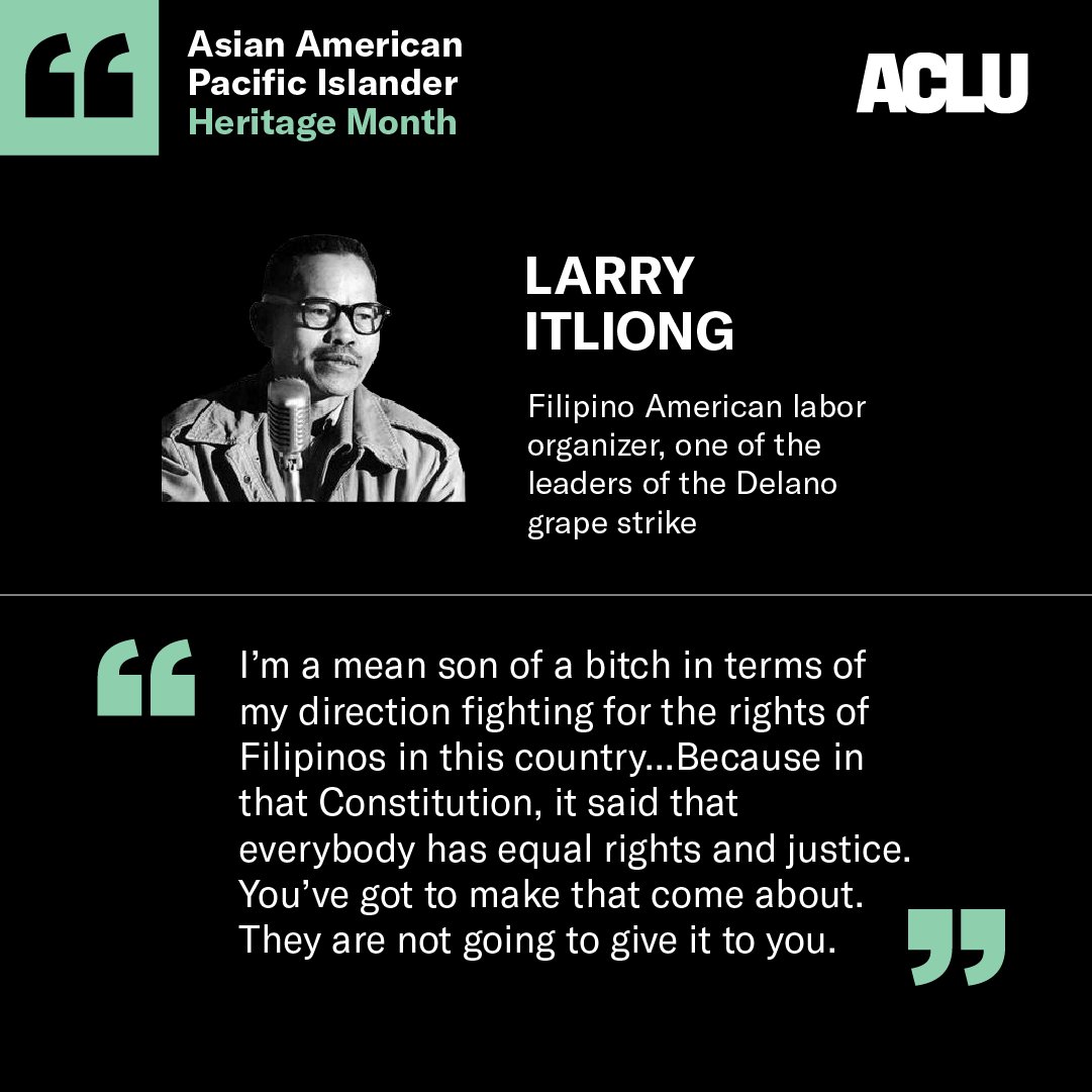 Workers have a right to organize.

In 1965, Filipino workers, including Larry Itliong, Phillip Vera Cruz, Pete Velasco, and Andy Imutan, organized a strike for workers' rights against Coachella grape growers in Delano, CA, sparking the West Coast farmworkers’ movement. #APAHM