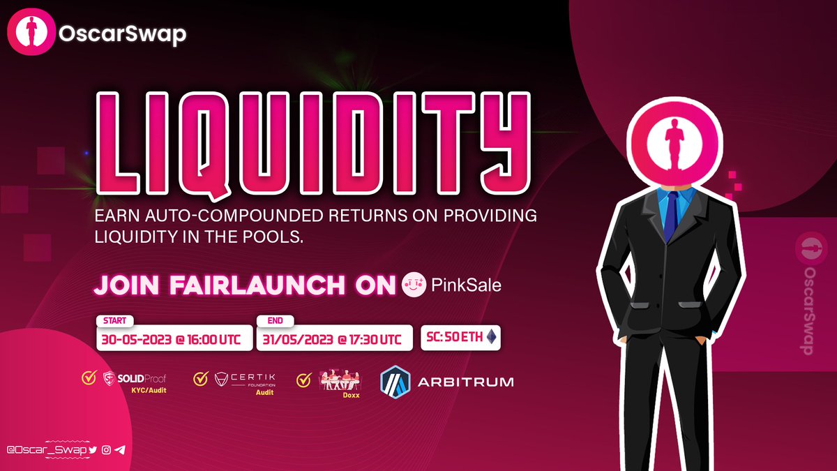 ArbitrumBit's tweet image. It's time for an @Oscar_Swap revolution
🏆#DEX Live
🌟1-Stop Solution Trade,Earn,Bridge
💰Low Trx Fees
💸#Staking
🎗️Swaping
🔛L2 Bridge
🏦Governance
📱Mobile App

Don't miss out on this chance to make history

Fairlaunch on #Pinksale 30 May @ 16:00 UTC:
pinksale.finance/launchpad/0xd3…