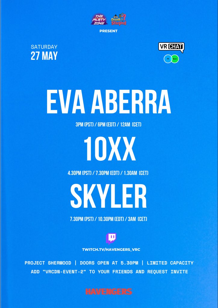 Prepare your party #avatars 🔥

2 hours left till tonight’s event at Project Sherwood with @EvaAberra, @10xxmusic and @SKYLERsounds 

#vrchat #vrchatevent #virtualevent #virtualfestival @PARTYZONE_VRC @VRChatPartyHub #vrcpartyhub