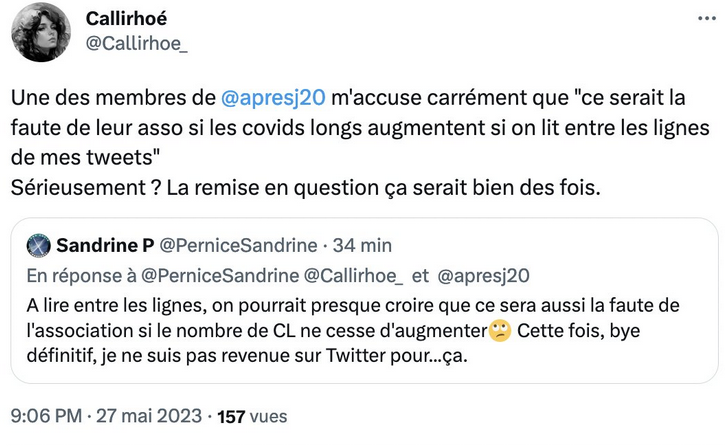 Je suis bloquée donc impossible de répondre. Mais il semble que cette personne aime agresser les autres. Très étrange cette attaque soudaine 🧐 Les malades méritent mieux que ce déballage de nawak, dommage.