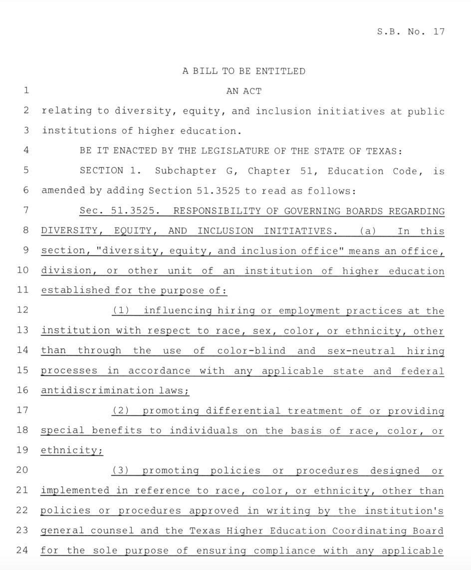 meganmmenchaca's tweet photo. New: The conference committee version of Senate Bill 17, which would ban DEI offices in Texas public colleges and universities is now public.  #txlege https://t.co/FiQEaEdzC1