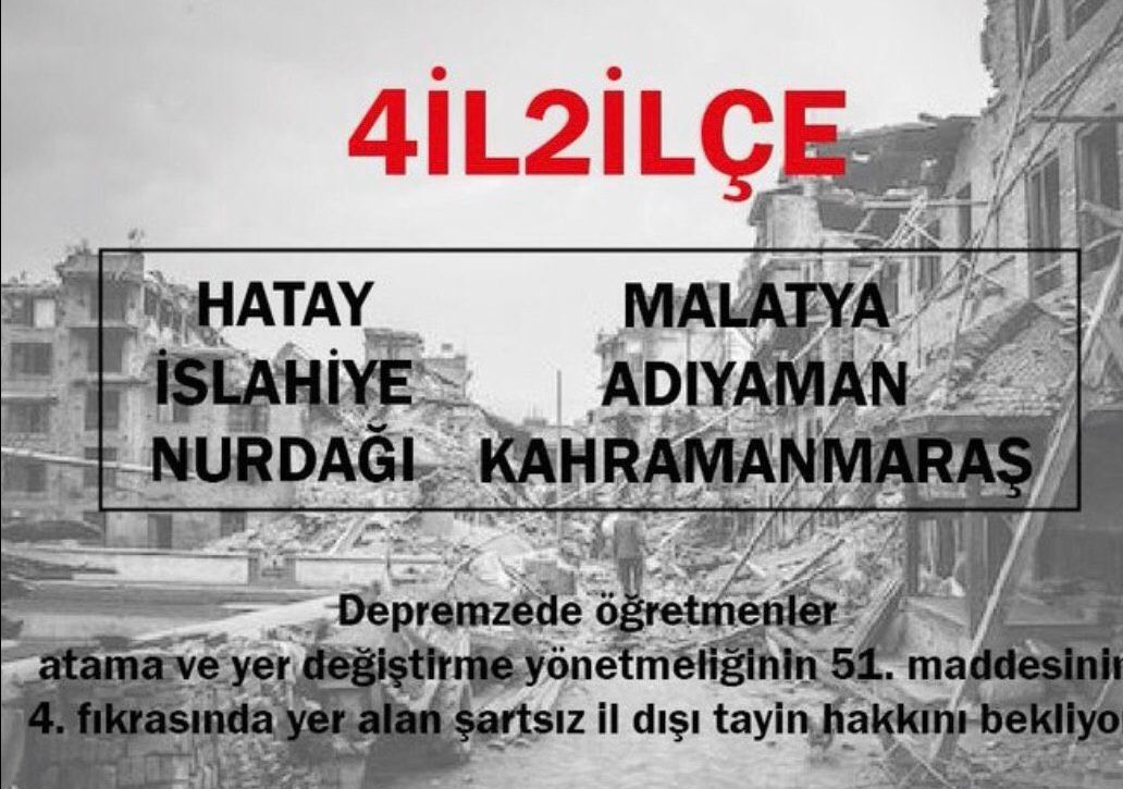 MebDepremeTayinHaktır
Depremzede öğretmenleri talebi bellidir:
📌Hizmet süresine bakılmadan
📌Sözleşmeli/kadrolu ayrımı yapılmaksızın
📌İl içi ve iller arası

Şartsız Tayin istiyoruz.
<a href="/RTErdogan/">Recep Tayyip Erdoğan</a> 
<a href="/tcmeb/">Millî Eğitim Bakanlığı</a> 
<a href="/ProfMahmut_Ozer/">Mahmut Özer</a>