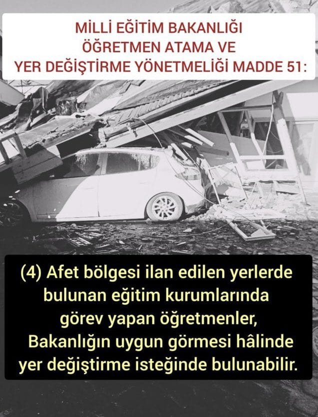 MebDepremeTayinHaktır

Adıyaman, Hatay, Malatya, Kahramanmaraş, Islahiye ve Nurdağı’nda görev yapan öğretmenler için:
-Şartsız il dışı tayin hakkı
-Hizmet sürelerinin azaltılması
-Hizmet puanlarının arttırılması <a href="/RTErdogan/">Recep Tayyip Erdoğan</a> <a href="/kilicdarogluk/">Kemal Kılıçdaroğlu</a> <a href="/yildirimkaya40/">Yıldırım Kaya</a> <a href="/OguzhanUgur/">Oğuzhan Uğur</a> <a href="/BabalaTv/">BaBaLa TV</a>