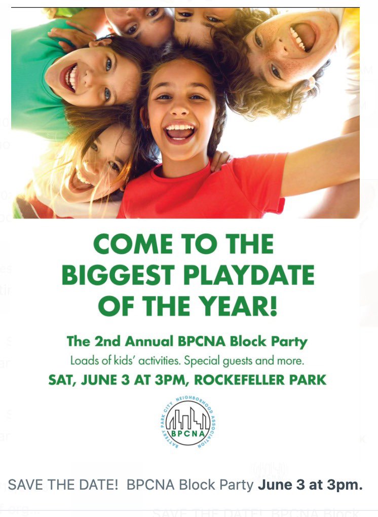 Save the date!  Our annual block party is here on June 3! <a href="/CommunityBoard1/">Manhattan Community Board 1</a> <a href="/GPTA_BPC/">Gateway Tenants Association</a> <a href="/saveBPC/">The Battery Alliance</a> <a href="/ERPAction/">Our Park</a> <a href="/ElizabethStGrdn/">Elizabeth Street Garden</a> <a href="/infopobn/">Preserve Our Brooklyn Neighborhoods</a> <a href="/gracieNYC/">Grace A. Capobianco</a> <a href="/broadtweetnyc/">The Broadsheet</a> <a href="/TheVillageSun/">The Village Sun</a> <a href="/tribecacitizen/">Tribeca Citizen</a> <a href="/TribecaSocial/">Tribeca Social</a>
