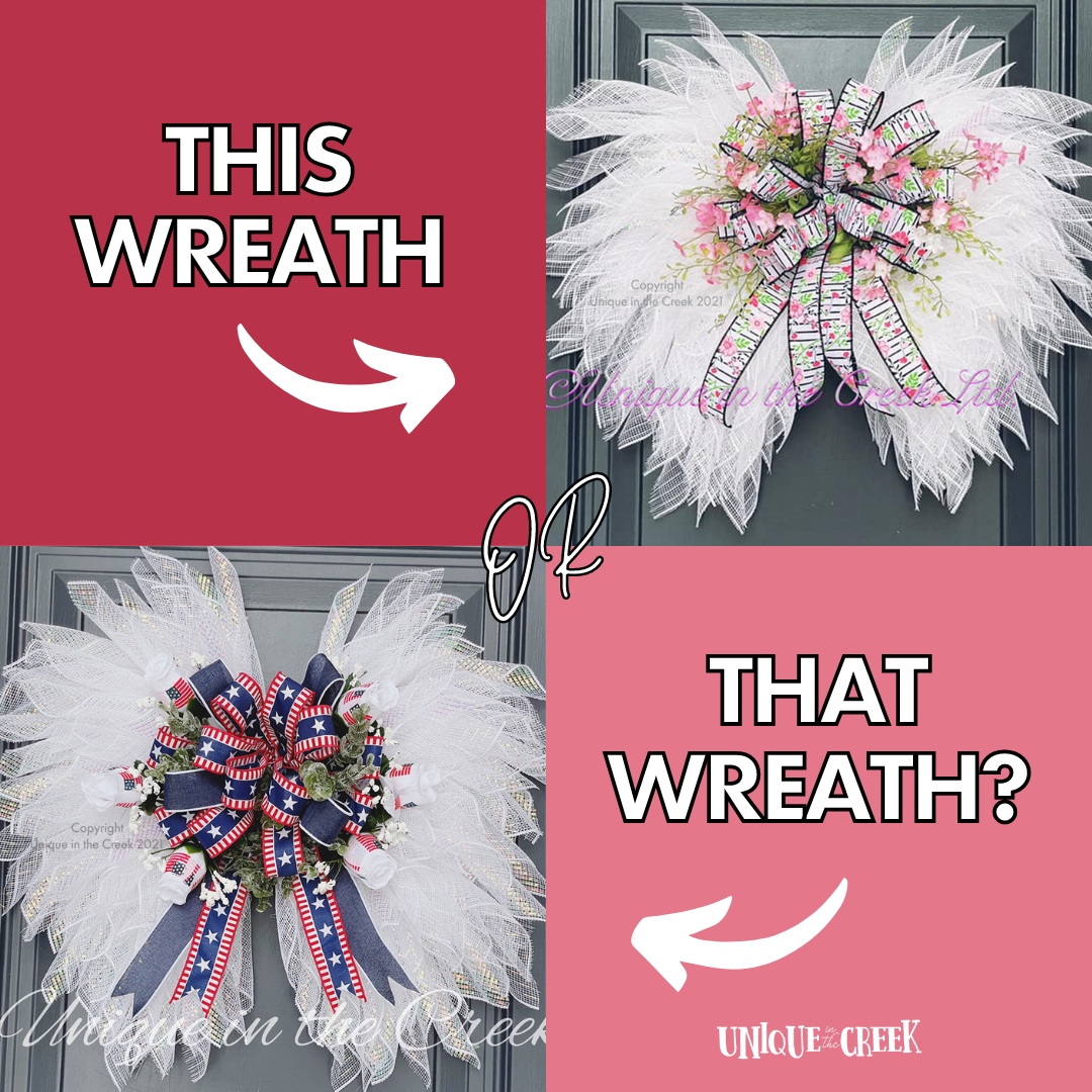 Take a look at these stunning Wing Wreaths! They were made using the same technique but different ribbons and details in the centrepiece. Which one do you like the most? 🕊️🎀

Learn how to get started 👇
go.uniqueinthecreek.com/easy

#UITC #summerdecor #wreathmakers #DIY