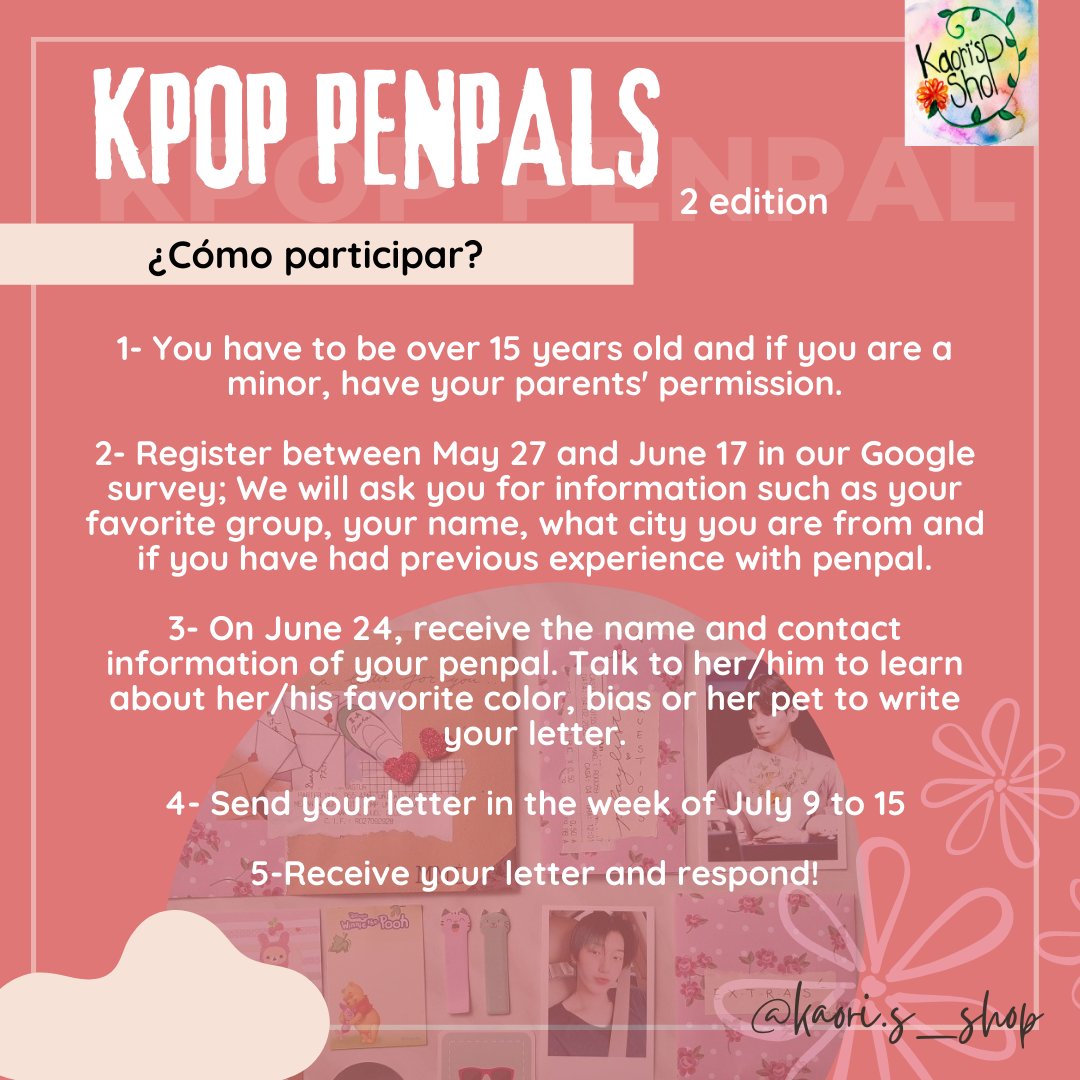 💮Kpop Penpals💮

Do you like to write, decorate and Kpop? Then join our circle of Kpop-themed pen pals!

With this project, we seek to contact kpop lovers around the 🌍

Registration is free 

Registration link: forms.gle/HFSaDg9zAptyC4…
Instagram: instagram.com/kaori.s_shop?i…