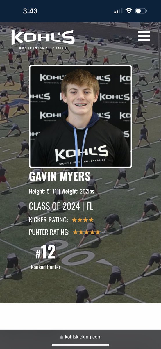 Thank you <a href="/KohlsKicking/">Kohl's Kicking Camps</a> for ranking me #12 for the class of 2024 <a href="/NFC_Football/">NFC_Football</a>  <a href="/HillBrent/">Brent Hill</a> <a href="/john_sprad/">Rocket To The Top Kicking Academy</a>