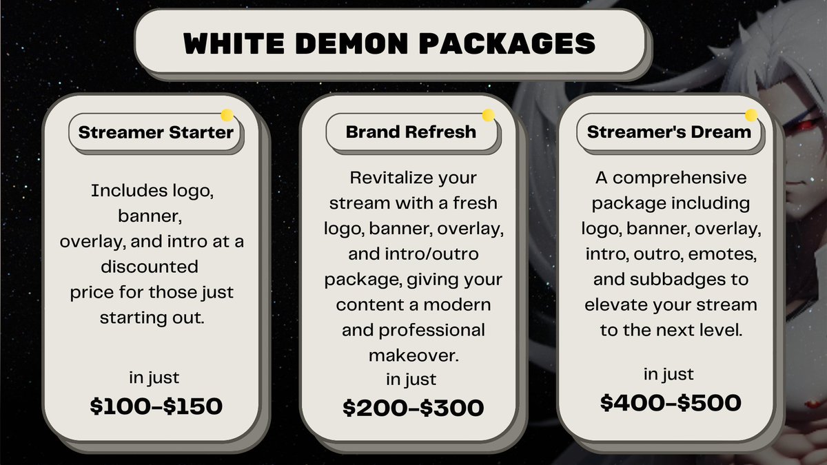 CommissionDemon's tweet image. 🌟 Elevate your stream with our new packages! Logo, overlays, emotes, and more – everything you need for an unforgettable streaming experience. #StreamerPackages #LevelUpYourStream #smallstreamer #twitch #vtubers #VTuberUprising #SupportSmallStreamers