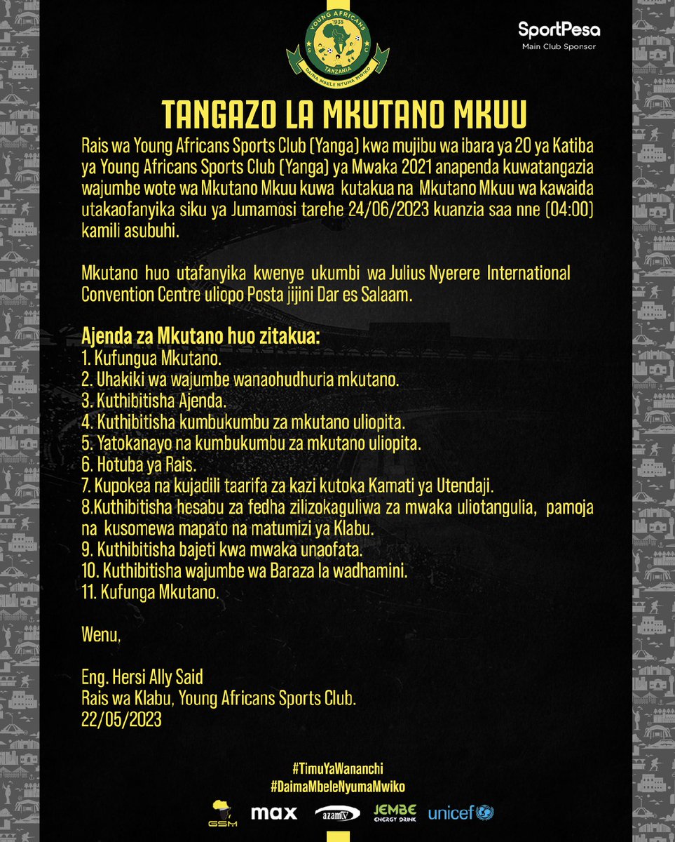 Tangazo la Mkutano Mkuu

#TimuYaWananchi 
#DaimaMbeleNyumaMwiko