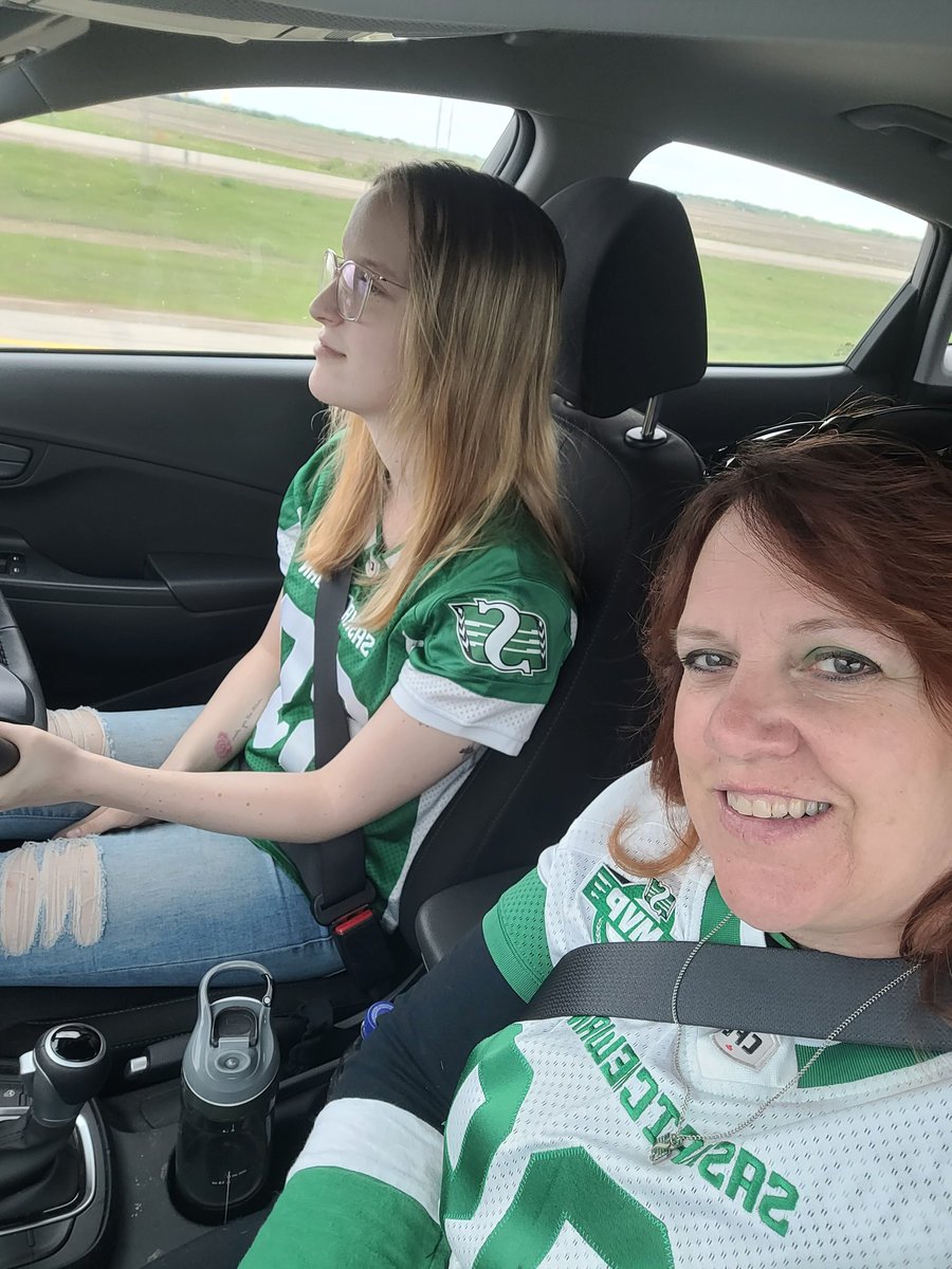 Headin on down the road to @sskroughriders GameDay!!!!
Mom riding shotgun! 
#RidersLive
#NewSeasonNewHope
#YXEtoYQR
#Highway11 
#RiderNation
#GreenNoise
#FOOTBALLISBACK