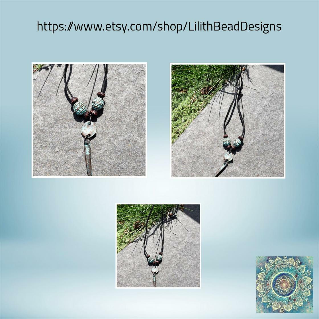 Pendant Necklace, leather necklace, Mykonos Petina pendant, Verdigris patina bead necklace, petina copper metal dagger beads, made in Greece #BohoJewelry #PendantJewelry 
$28.00
➤ etsy.com/listing/810192…