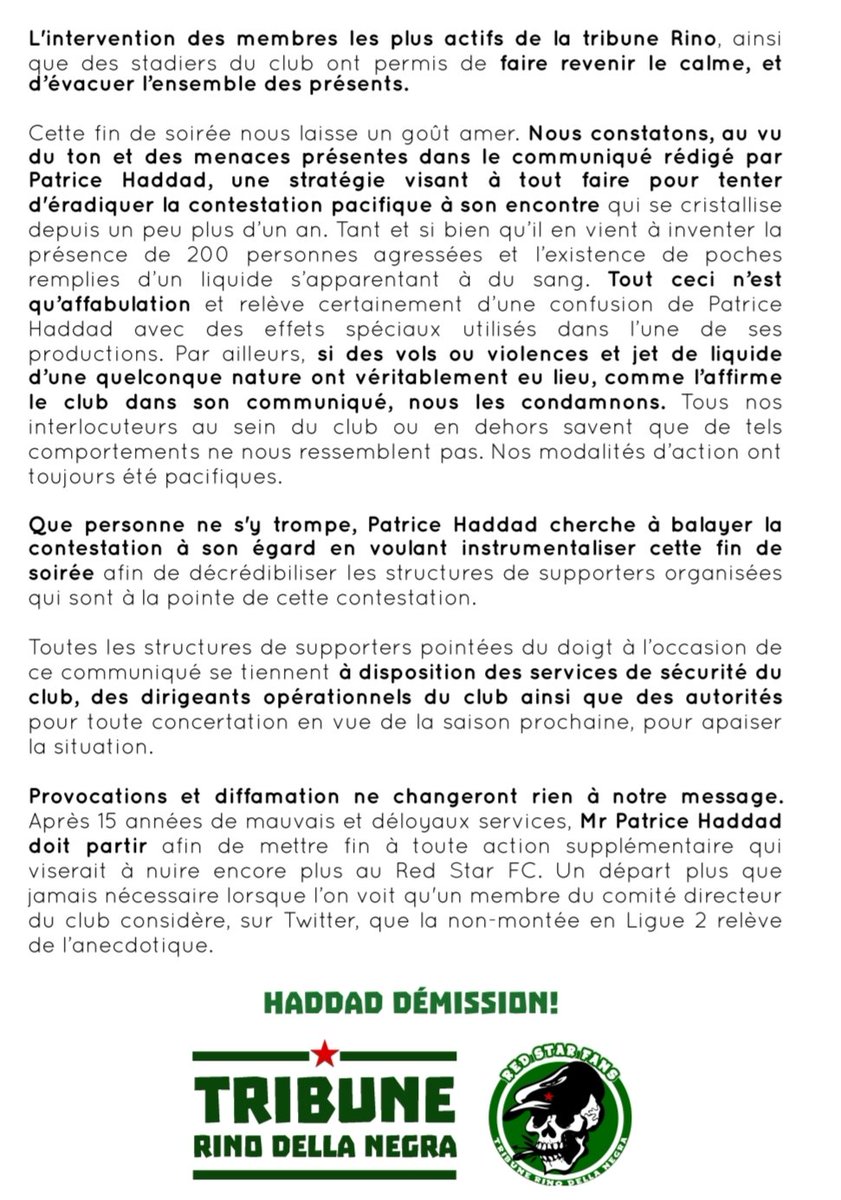 📝 COMMUNIQUÉ TRIBUNE RINO DELLA NEGRA 📝
#777out #HADDADDEMISSION