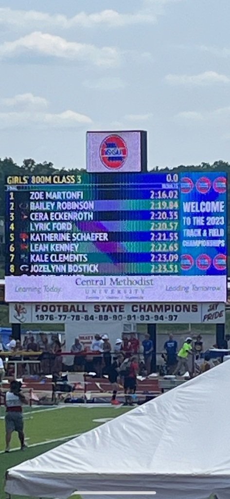 Congratulations to Bailey Robison on placing second in the MSHSAA class 3 track and field championships in the 800 meter run with a personal best 2:19.84! Way to go Bailey!