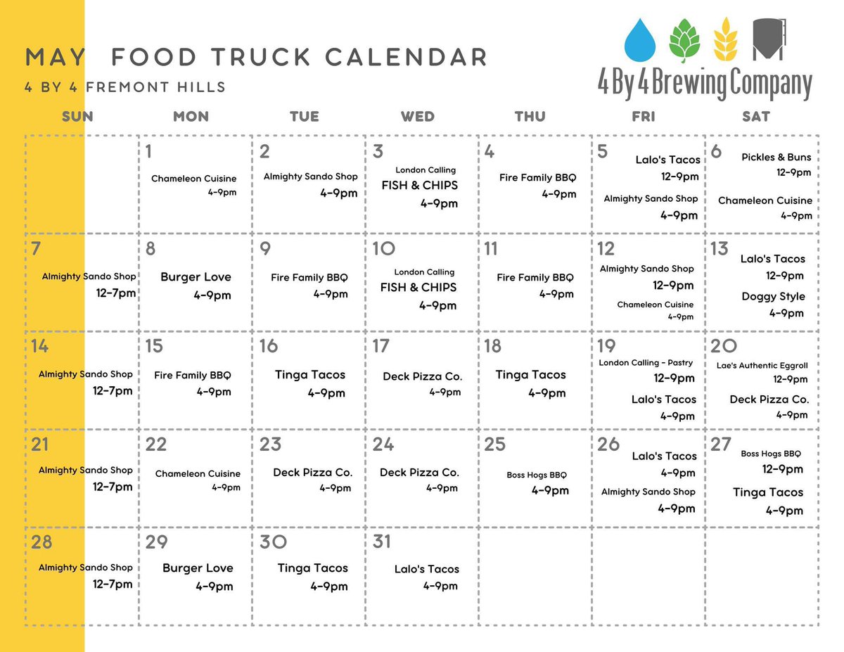 We are open all weekend and have food trucks lined up and ready for you!!⁠
⁠
Come see us today :)⁠
⁠
* Food Trucks subject to change *⁠
⁠
#foodtruck #calendar #comeseeus #foodtrucks #weopen #4by4brewingco