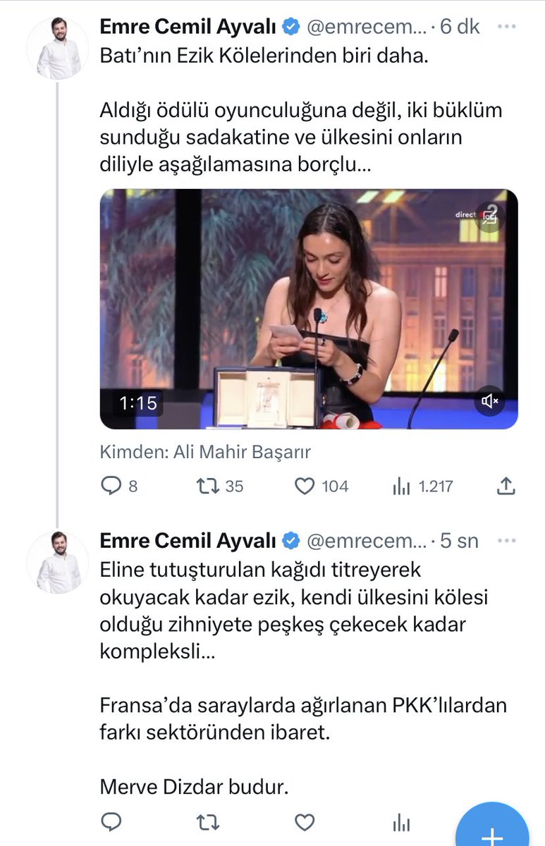 Bir Türk, Merve Dizdar, dünyanın en prestijli ödüllerinden birini alıyor. Cannes En İyi Aktris… Sen prestijli bul ya da bulma… 
İktidar medyası böyle bir gelişmenin haberini bile yapmıyor. Küçümsüyor, aşağılıyor. Neden biliyor musunuz?
Çünkü Merve Dizdar’ı gayrimilli ilan