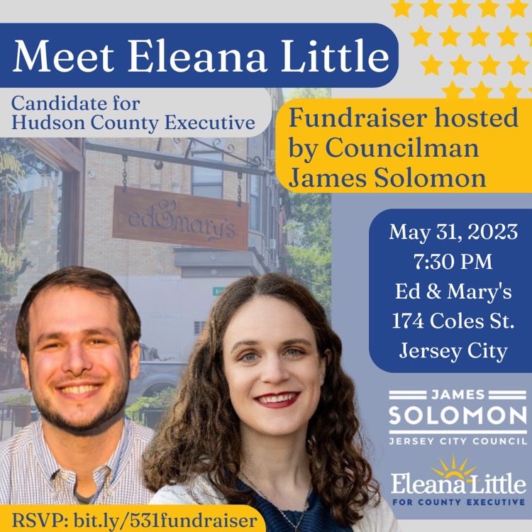 Help us get ready for Election Day! I’m proud to count on the support of Councilperson <a href="/SolomonforJC/">James Solomon</a>. Please join us for our final fundraiser of the campaign at Ed &amp; Mary’s in downtown #JerseyCity on Wednesday, May 31st at 7:30pm. Get your tickets at bit.ly/531fundraiser!