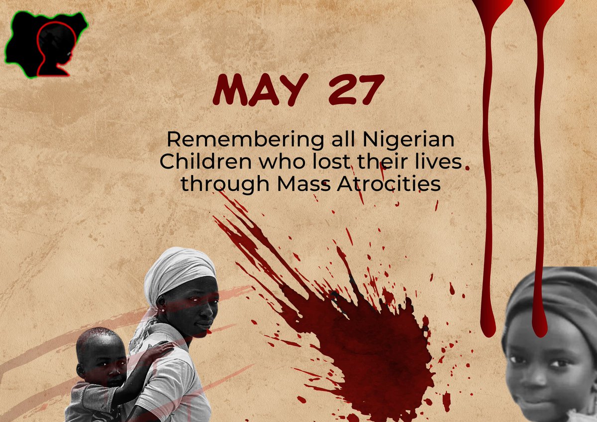 Today the 27th of May, 2023, We remember all the Nigerian Children who lost their lives through Mass Atrocities.

Take a minute and observe silence in solidarity and please share this.
May their souls rest in peace.

#NDOM2023
#SecureNigeria
#NotJustNumbers
#OneDeathTooMany