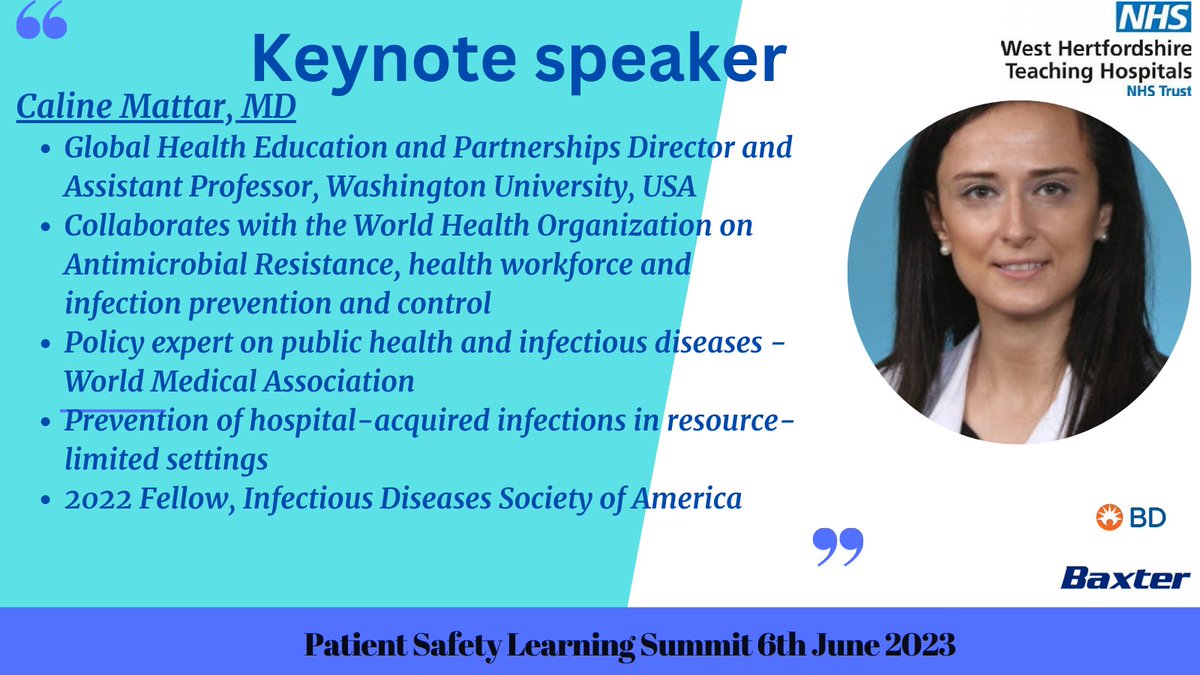 📢KEYNOTE SPEAKER ALERT📢Shining a spotlight on Caline Mattar, MD; one of our keynote speakers for our upcoming Patient Safety Learning Summit on 6th June! Join us to hear about infection prevention in resource limited settings. Register at:  tinyurl.com/Patient-Safety…