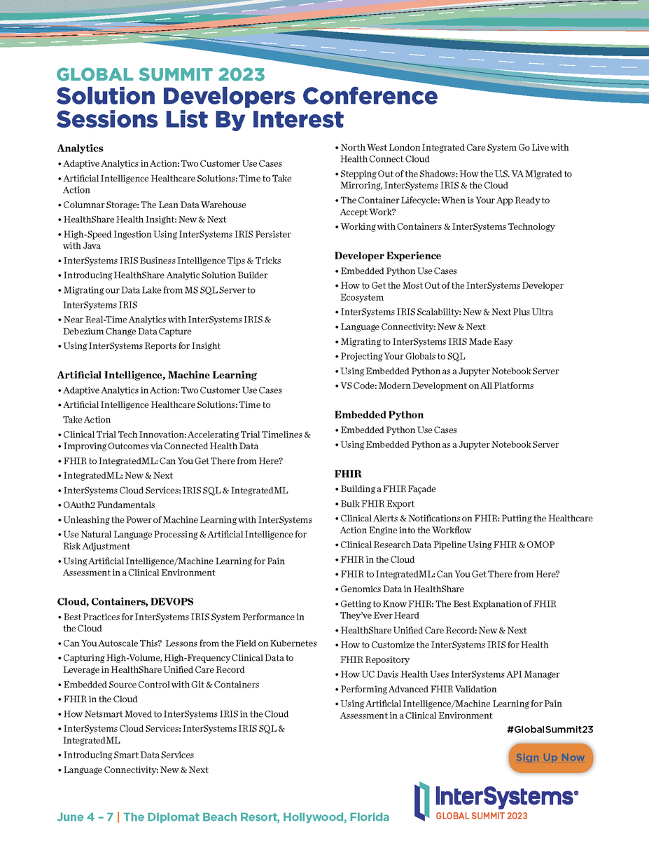 InterSystems's tweet image. What’s on tap at #GlobalSummit23?

📊 Analytics/AI/ML
☁️ Cloud/Containers/DevOps
🧑‍💻 Developer Experience
🐍 Embedded Python
🔥 FHIR
🩺 HealthShare/TrakCare
💡 Innovation
⛓️ Supply Chain
🗣️ Customer Stories
💬 User Experience/Design

Register now: bit.ly/42isW9R