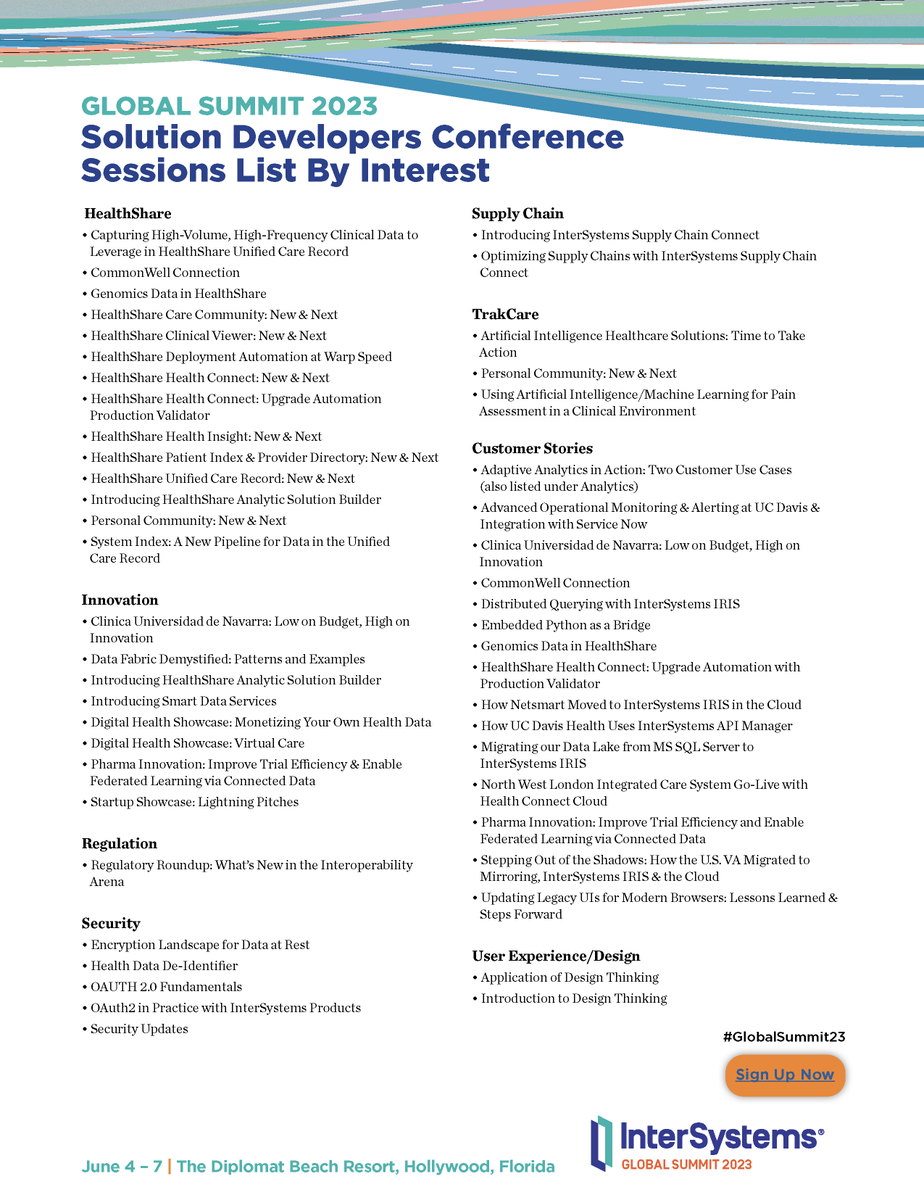 InterSystems's tweet image. What’s on tap at #GlobalSummit23?

📊 Analytics/AI/ML
☁️ Cloud/Containers/DevOps
🧑‍💻 Developer Experience
🐍 Embedded Python
🔥 FHIR
🩺 HealthShare/TrakCare
💡 Innovation
⛓️ Supply Chain
🗣️ Customer Stories
💬 User Experience/Design

Register now: bit.ly/42isW9R