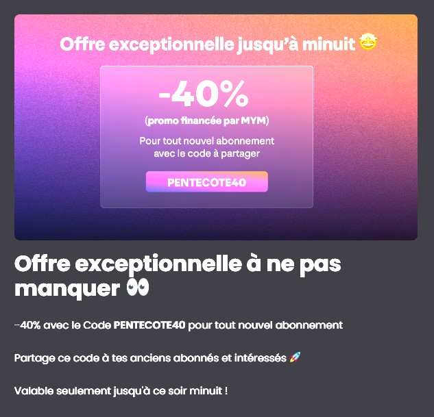 Quoi de mieux qu'un code promo offert par MYM pour la Pentec&ocirc;te !  -40% avec le code PENTECOTE40  https://t<a href="/tag/promo"class="tags"><span>#promo</span></a><a href="/tag/mym"class="tags"><span>#mym</span></a><a href="/tag/laetiluxure"class="tags"><span>#laetiluxure</span></a><a href="/tag/laeti_luxure"class="tags"><span>#laeti_luxure</span></a><a href="/tag/pente"class="tags"><span>#pente</span></a>