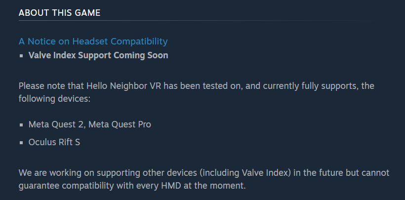 AlphaDot_'s tweet photo. @Frosty_SnowKing @phisnom now they had to put the VR headset requirements at the top of the "about this game" because people can't read simple requirements before spending money on a game💀 https://t.co/MMvZXDHGEI