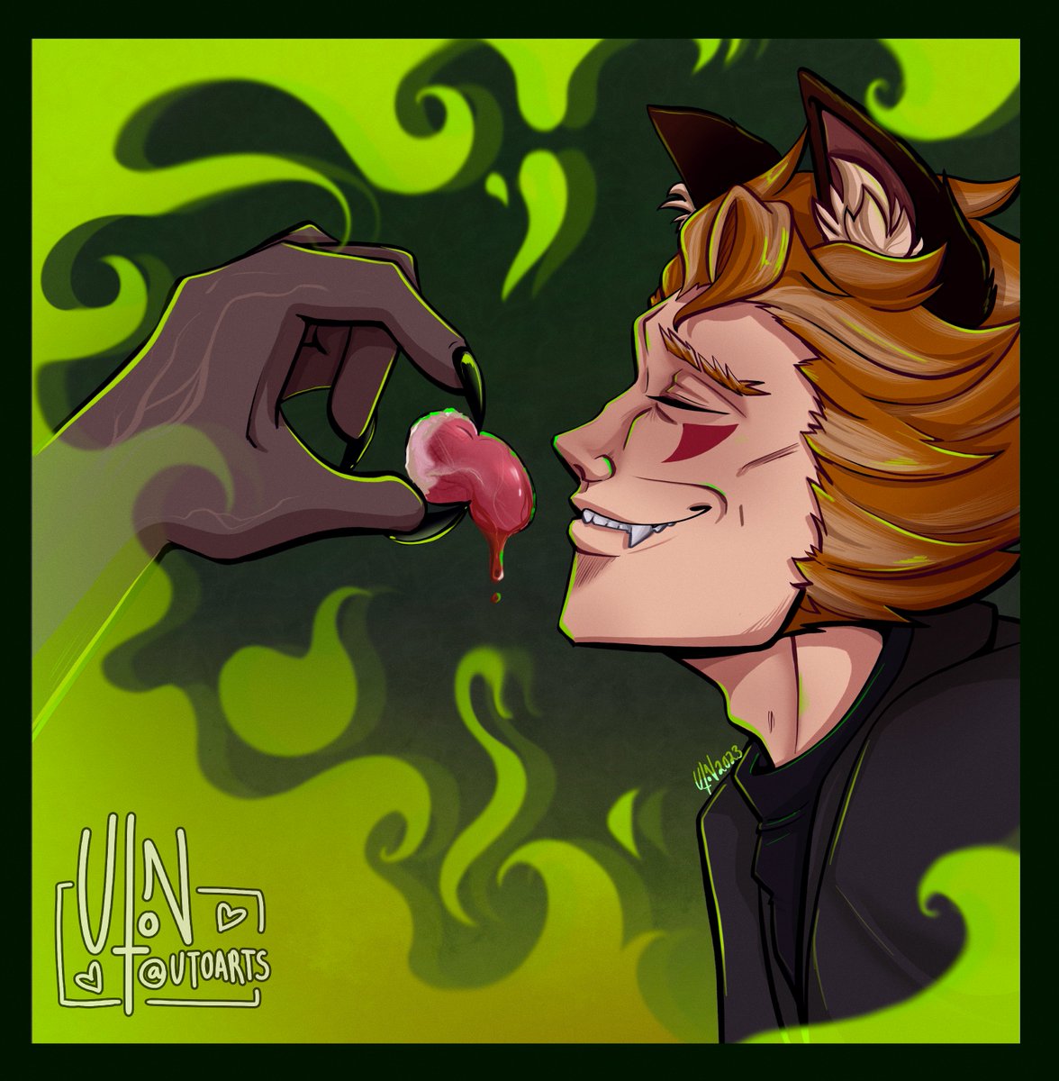 “I remember you-
-I haven’t thought about you in a decade, maybe more. I thought you were dead— Yet, you still sadly exist.”
I love how Ren loves chicken hearts.

(I just realised I instinctively gave Ren a nose bump— Looks hot on him tho)

Ren and Strade belong to: <a href="/HumanGatobob/">Gatobob</a>