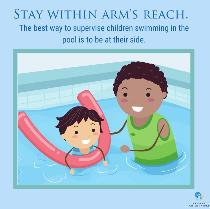 Swimming safety: Touch supervision (keeping your child within arm’s reach) means you’ll be there in case of trouble. Drowning is quick, silent, and final, so staying close means staying safer. 

#PreventDrowning