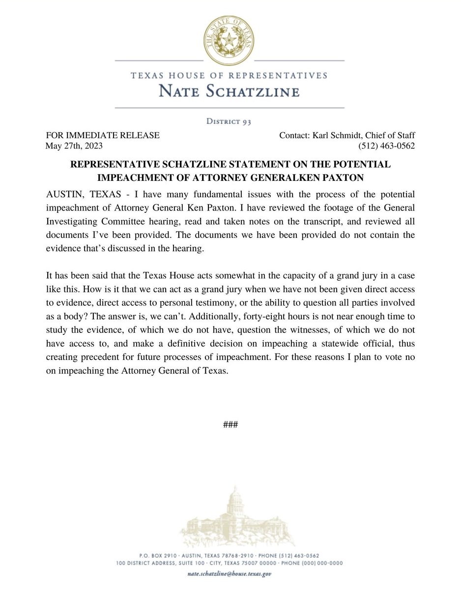 Today I will vote NO to impeach Texas Attorney General Ken Paxton. Here’s my statement regarding my vote. #txlege