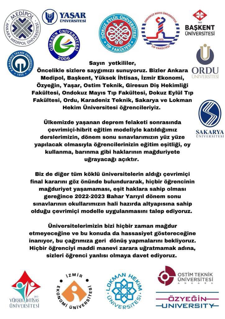 MavraPostasi's tweet photo. 6 Şubat’ta yaşanan depremlerin ardından online eğitimi sürdüren bazı üniversiteler final sınavlarını yüz yüze yapma kararı aldı.

Üniversiteliler olarak bu koşullarda yüz yüze sınav yapılmasını kabul etmiyoruz! 

#YOKFİNALLERİONLİNEYAP https://t.co/c7oWPSATuz
