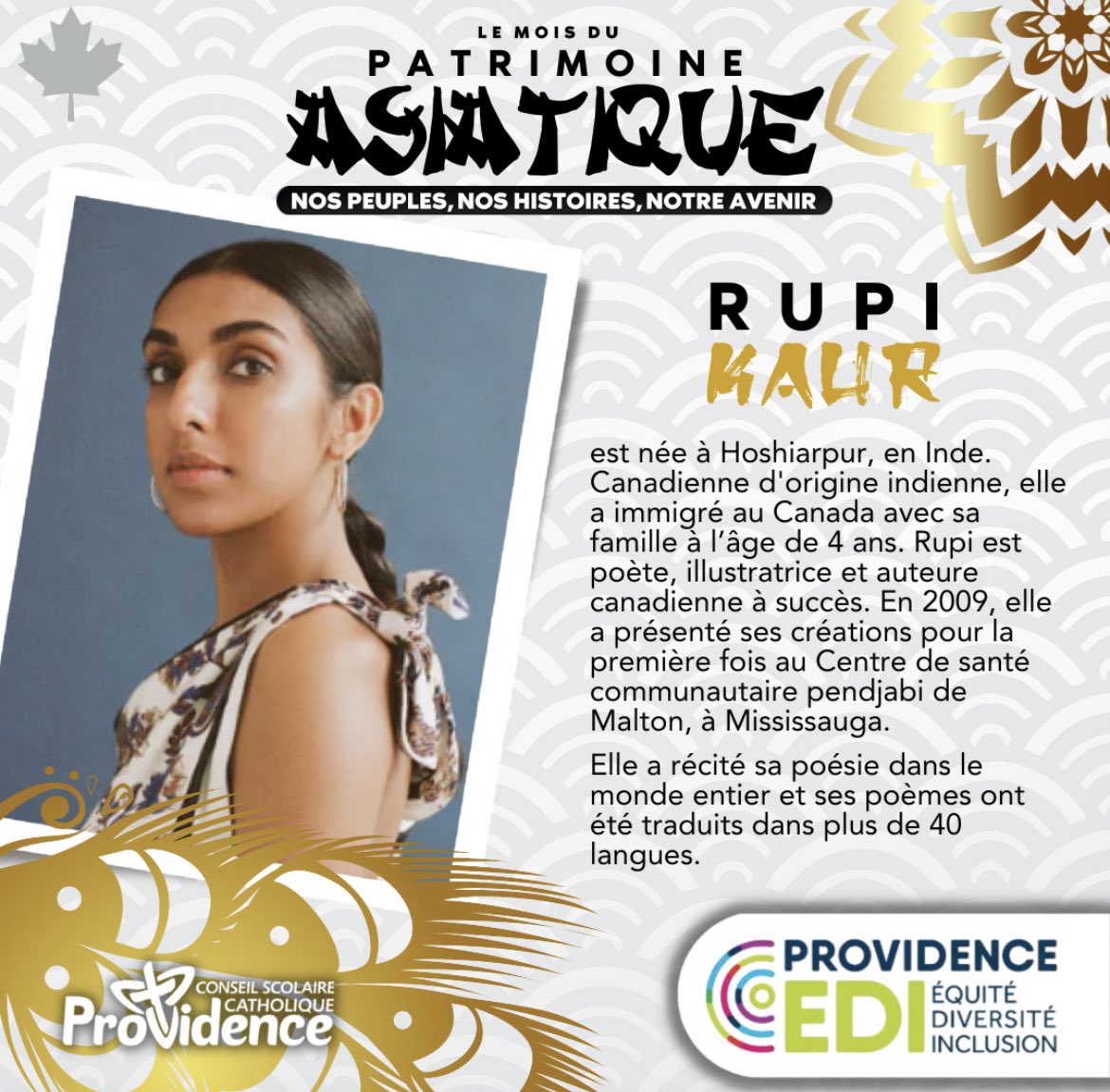Célébrons Rupi Kaur et son impact en tant qu'écrivaine et poétesse asiatique pendant le mois du patrimoine asiatique. Ses mots puissants résonnent dans le cœur de nombreuses personnes, en mettant en avant l'expérience des femmes asiatiques. 💫✨ #MoisDuPatrimoineAsiatique
