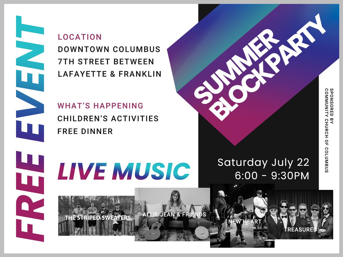 CommunityDTccc's tweet image. we are excited to announce the line up for the Summer Block Party! 
See you July 22! #alliejean #treasured #thestripedsweaters #newheart