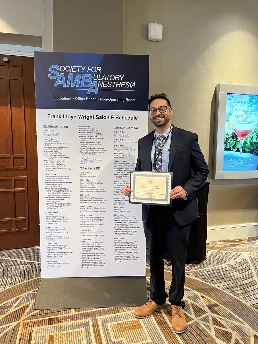 Our CA3 Nimesh Patel making us proud with his meta-analysis of virtual reality and procedural sedation! He'll be headed to <a href="/MGHanesthesia/">Mass General Anesthesia</a> for Pain Fellowship in the next few months. <a href="/sambahq/">Society for Ambulatory Anesthesia (SAMBA)</a> #virtualreality #anesthesia