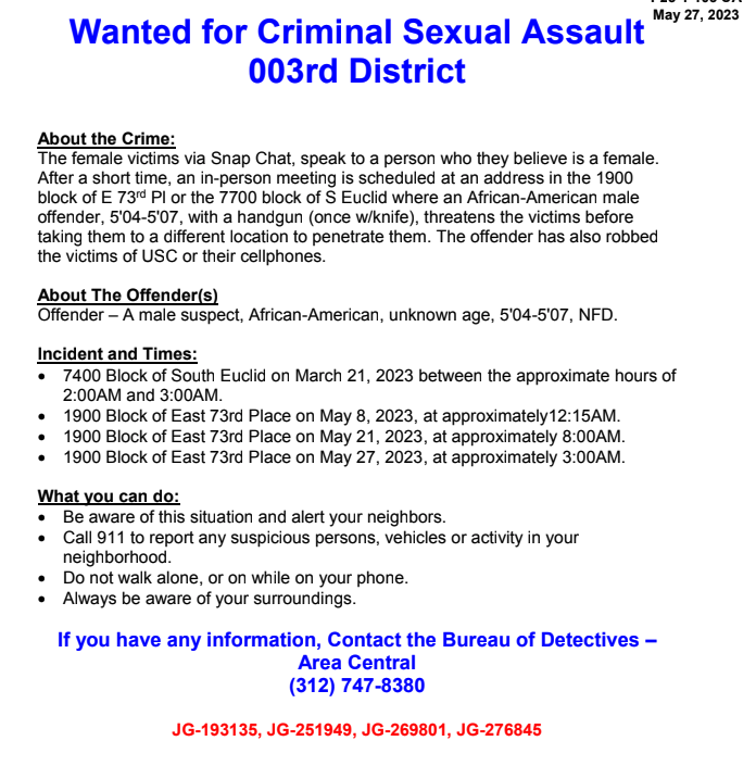 CWBChicago's tweet photo. Just in from #Chicago police: A serial rapist is posing as a woman to lure female victims via Snapchat. https://t.co/oAearvXkYn