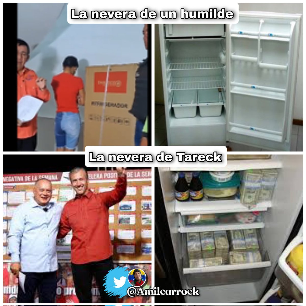 La nevera regalada a una mujer necesitada en la primera imagen y en la segunda la nevera comprada por Tareck El Aissami y no regalada.

A la primera la exhiben como una terrorista.

Al segundo le darán la espada de Bolívar.