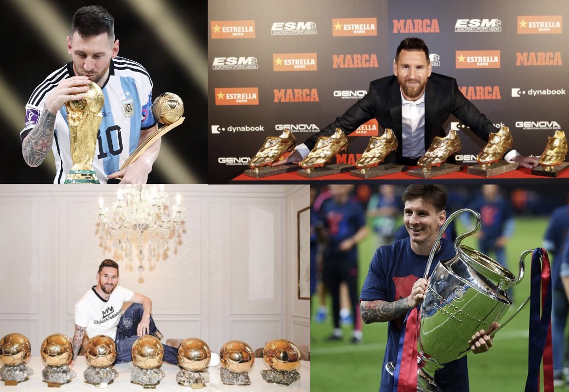 أكثر من حقق بطولات جماعية في التاريخ
أكثر من حقق الأفضل من الفيفا تاريخياً
أكثر من حقق كرات ذهبية تاريخياً
أكثر من حقق أحذية ذهبية تاريخياً 
أكثر من حقق لقب الهداف تاريخياً
أكثر من حقق لقب الصانع تاريخياً
أكثر من حقق أفضل صانع بالعالم تاريخياً
حقق كل بطولات المنتخبات والأندية 🐐