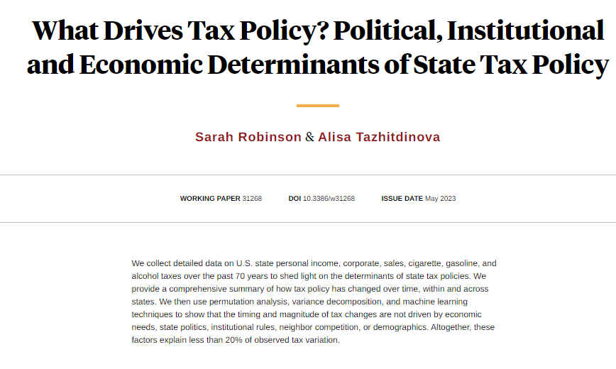 Altogether, economic needs, state politics, institutional rules, neighbor competition, and demographics explain less than 20% of variation in state tax policies, from <a href="/Robinsonsarah_/">Sarah Robinson</a> and Alisa Tazhitdinova nber.org/papers/w31268