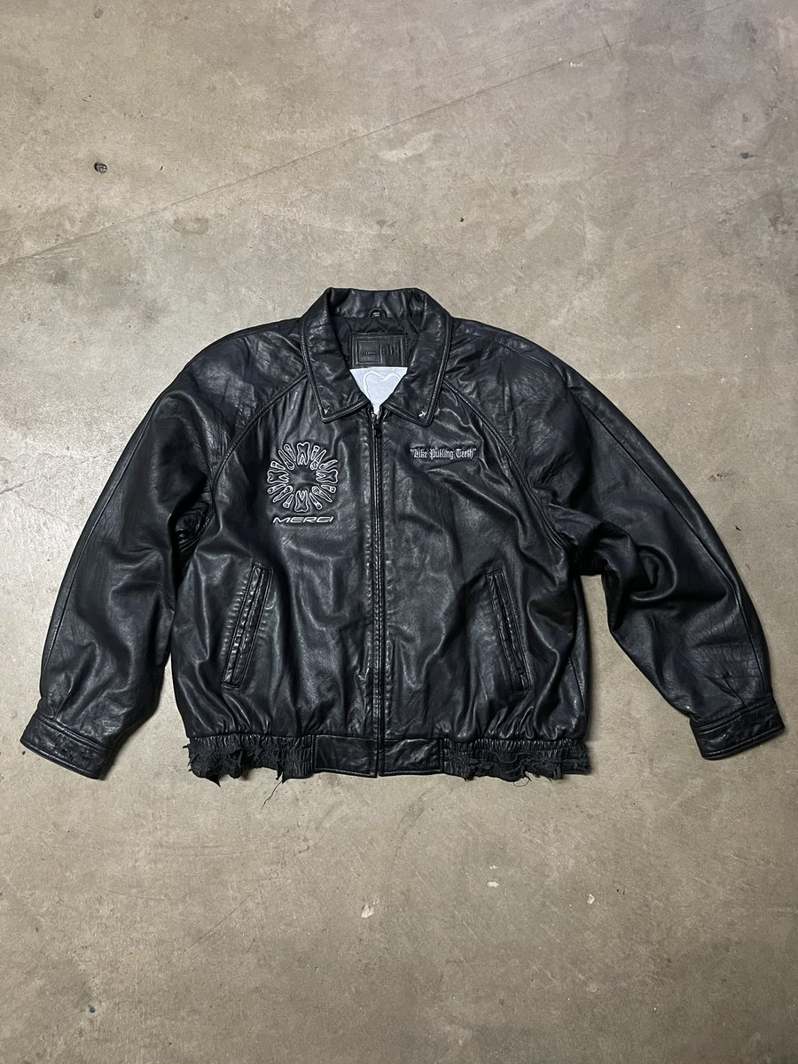 D_Frazier10's tweet photo. Sample* Distressed Leather Bomber with collar studs/fully embroidered  #likepullingteeth https://t.co/SbMwEtWlTD