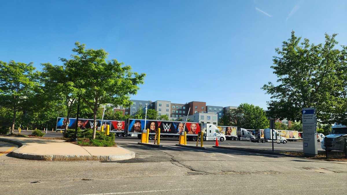 When you drive by your college campus and see all of the @WWE trucks for the @WWENXT #NXTBattleground event tomorrow at @UMassLowell