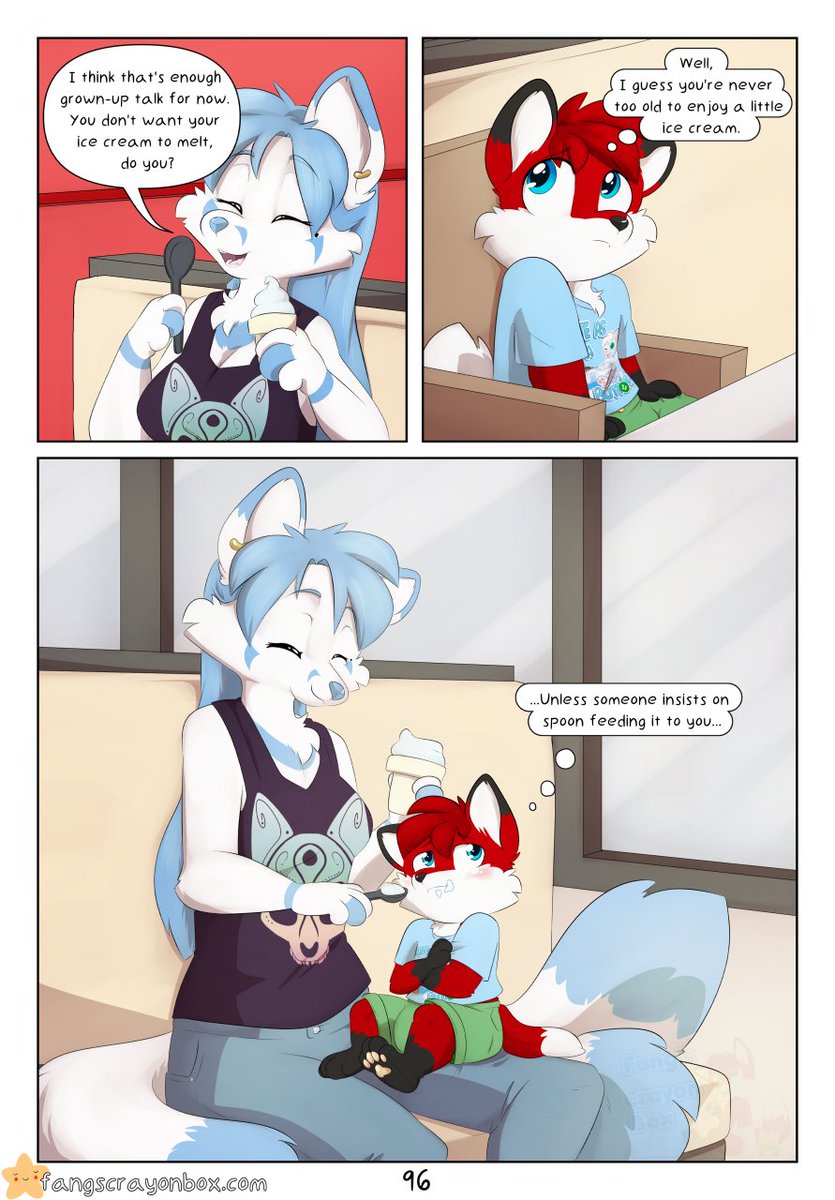 @StinkyWhiteWolf Page 96 -
Who wouldn't accept ice cream?... Even if you don't get to feed it to yourself. >//>
#retrainingcomic #babyfur