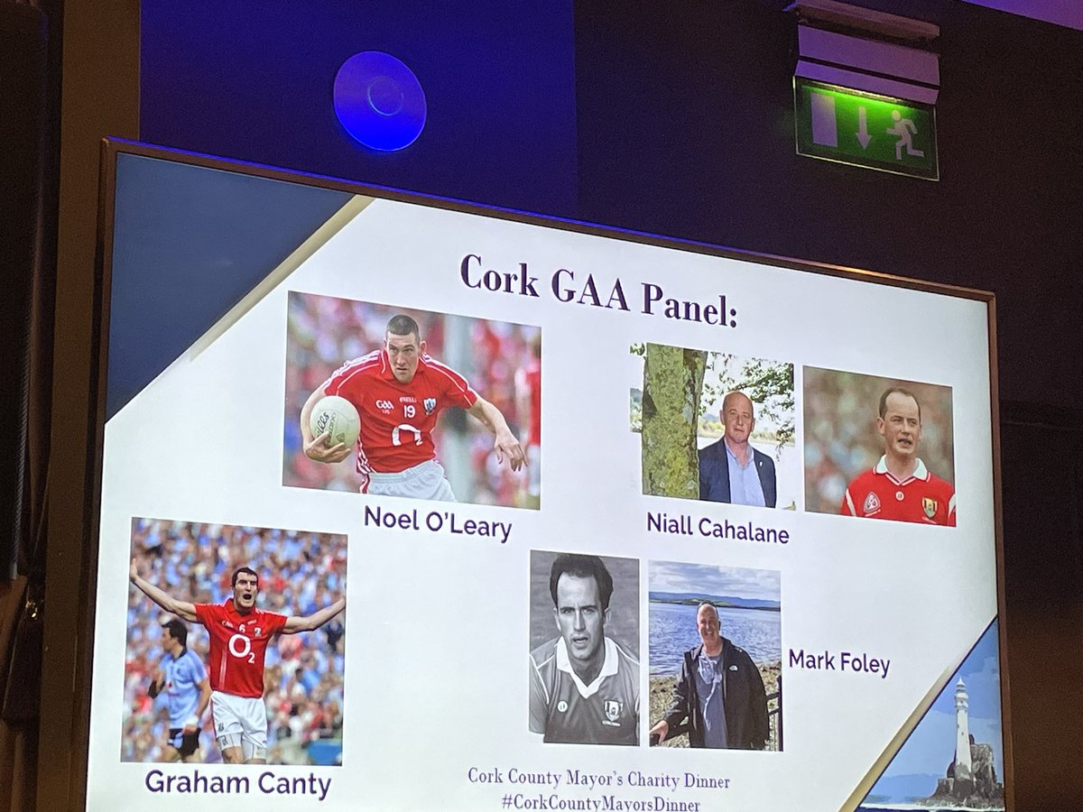 Colm O’Regan welcomes some local heroes GAA Cork All-Stars Mark Foley, Noel O’Leary, Niall Cahalane and Graham Canty for panel discussion #CorkCountyMayorsDinner