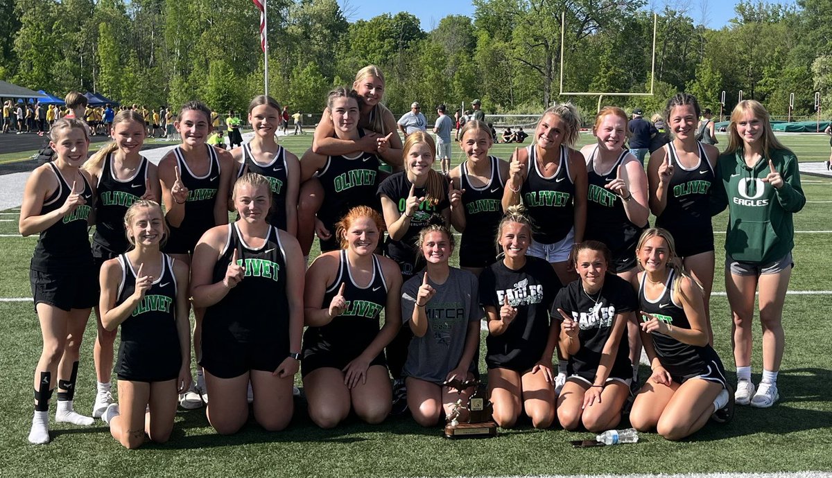 Congrats to the OHS girls’ track &amp; field team and Coach Brian Lincoln for their first-place finish in today’s MITCA D3 Team State Meet at Clare HS! This is the Eagles’ first state championship in girls’ track – and they’ll go for another 🏆 next week at the MHSAA state meet.