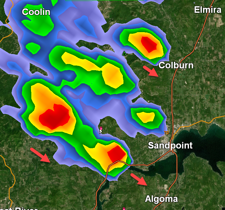 NWSSpokane's tweet photo. [May 27, 2:25PM]: Heads up #Sandpoint #Colburn and boaters on Lake Pend Oreille.  Storms are slowly tracking southeast into the area.  Torrential rains, small hail, wind gusts near 25 mph, and lightning will be the main impacts with these cells.  #wawx #idwx https://t.co/rEe68A4O7j