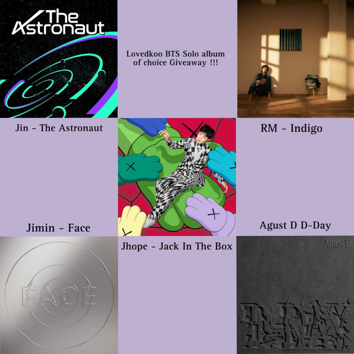 Iovedkoo's tweet image. BTS ALBUM OF CHOICE GIVEAWAY (solo projects ver) 💜

- follow
- rt

💫 ww
💫 more details in thread below!

ENDS 5/30