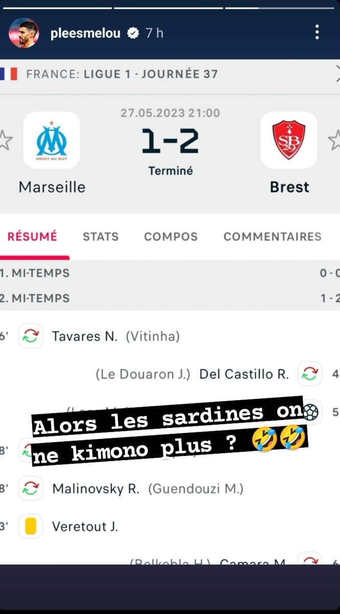 🚨 La story Instagram de Pierre-Lees Melou après la victoire de Brest au Vélodrome. 🥶

(Source : Tipiak)

#teamom #omsb29