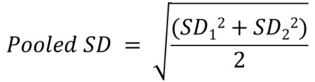 The term pooled means averaged. To obtain the pooled variances, we average the two within-group variances. In this case, the sample size (N) is the same: n1 = n2.