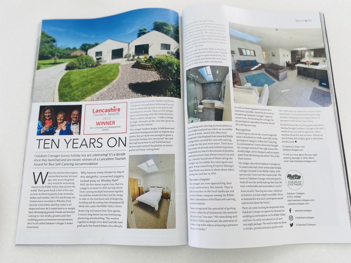OakdeanCottages's tweet photo. We are over the moon to be featured in this months issue of Live Ribble Valley magazine! Recently awarded a Stars in Tourism award for ‘Quality Tourism’ by the Ribble Valley Tourism Association this couldn’t be a better way to mark Oakdean Cottages ten year anniversary🥂@Live_RV https://t.co/ROMxGtjdgS
