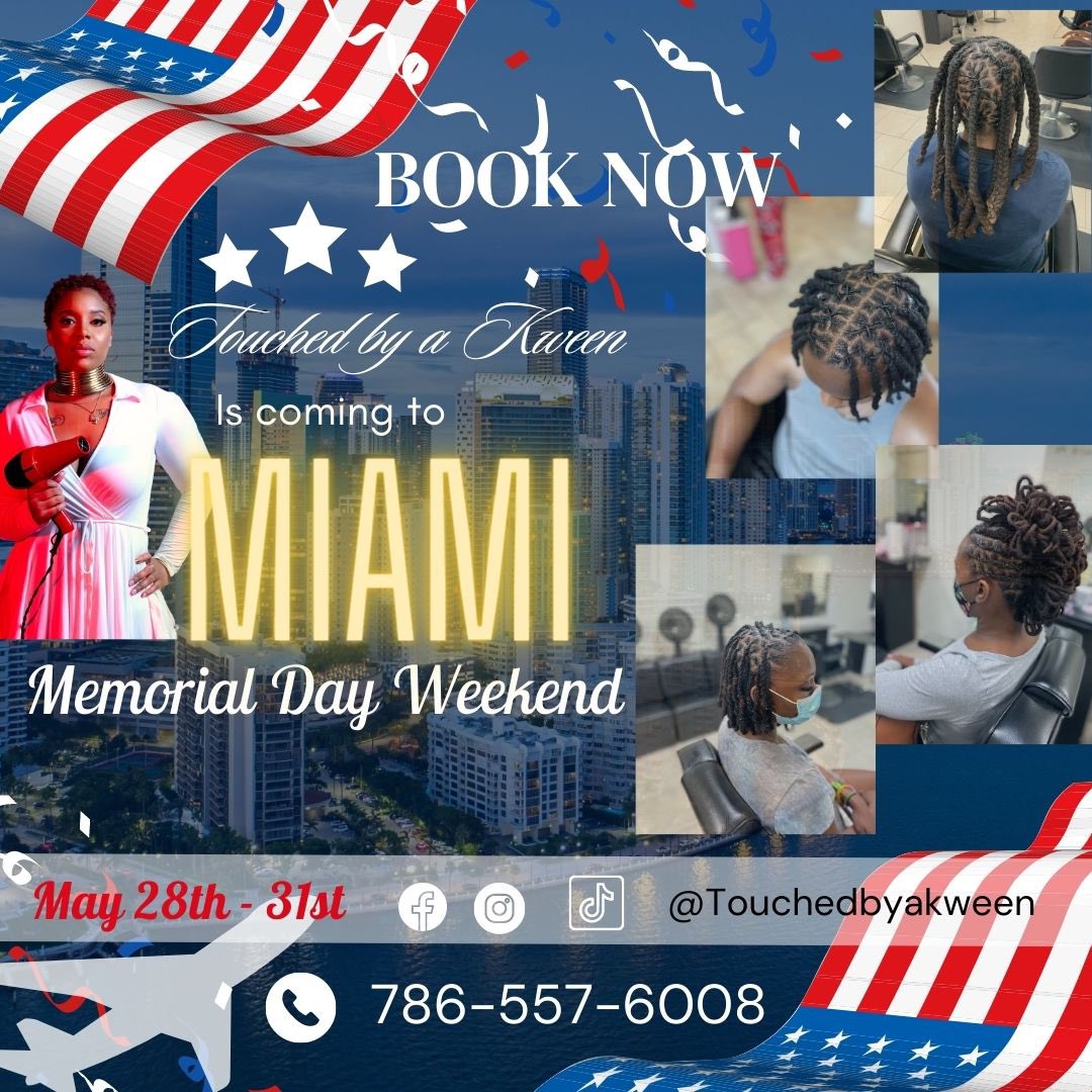 MEMORIAL WEEKEND 
🗓️ 5/28-5/31

Miami Booking Here ⬇️
Touchedbyakween.as.me/mia

#retwist #locs #knotlessbraids #braids #loctician