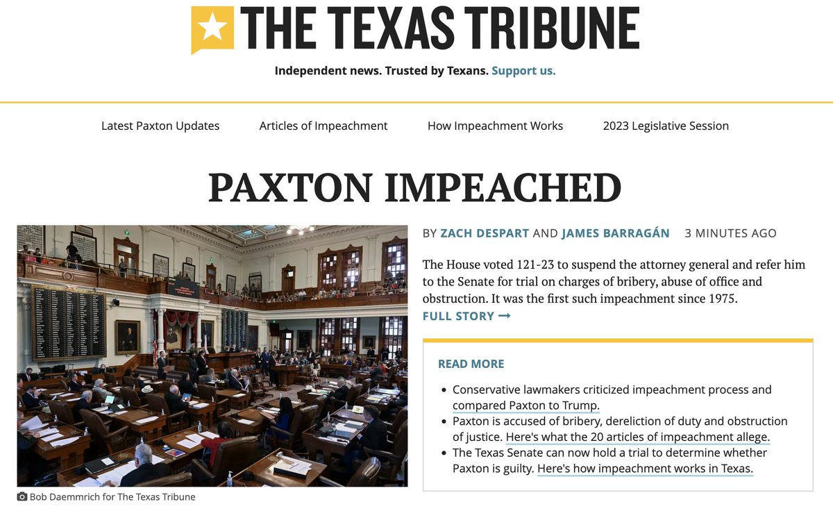 The Texas House impeached Attorney General Paxton on a 121-23 vote. He will face a trial before the Texas Senate for abuse of office, bribery and obstruction.

It’s the first such impeachment since 1975. texastribune.org/2023/05/27/ken…